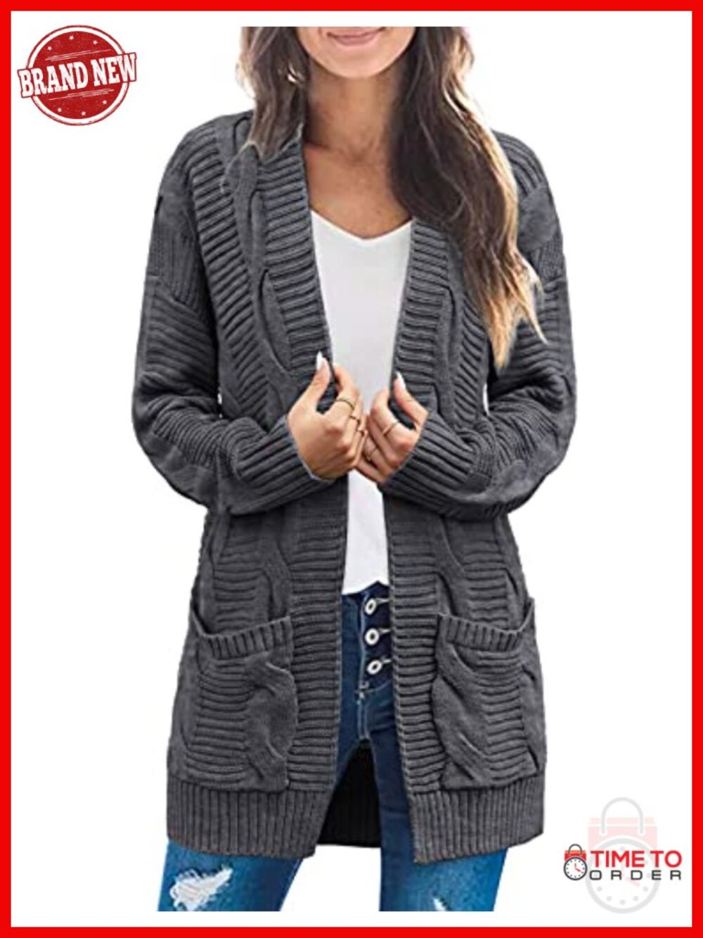 Chunky Cable Knit Open Front Cardigan Sweater with Pockets